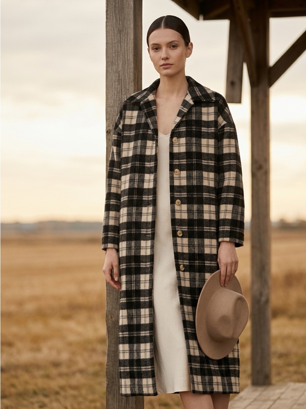 American Vintage Black and Cream Plaid Wool Blend Coat. S